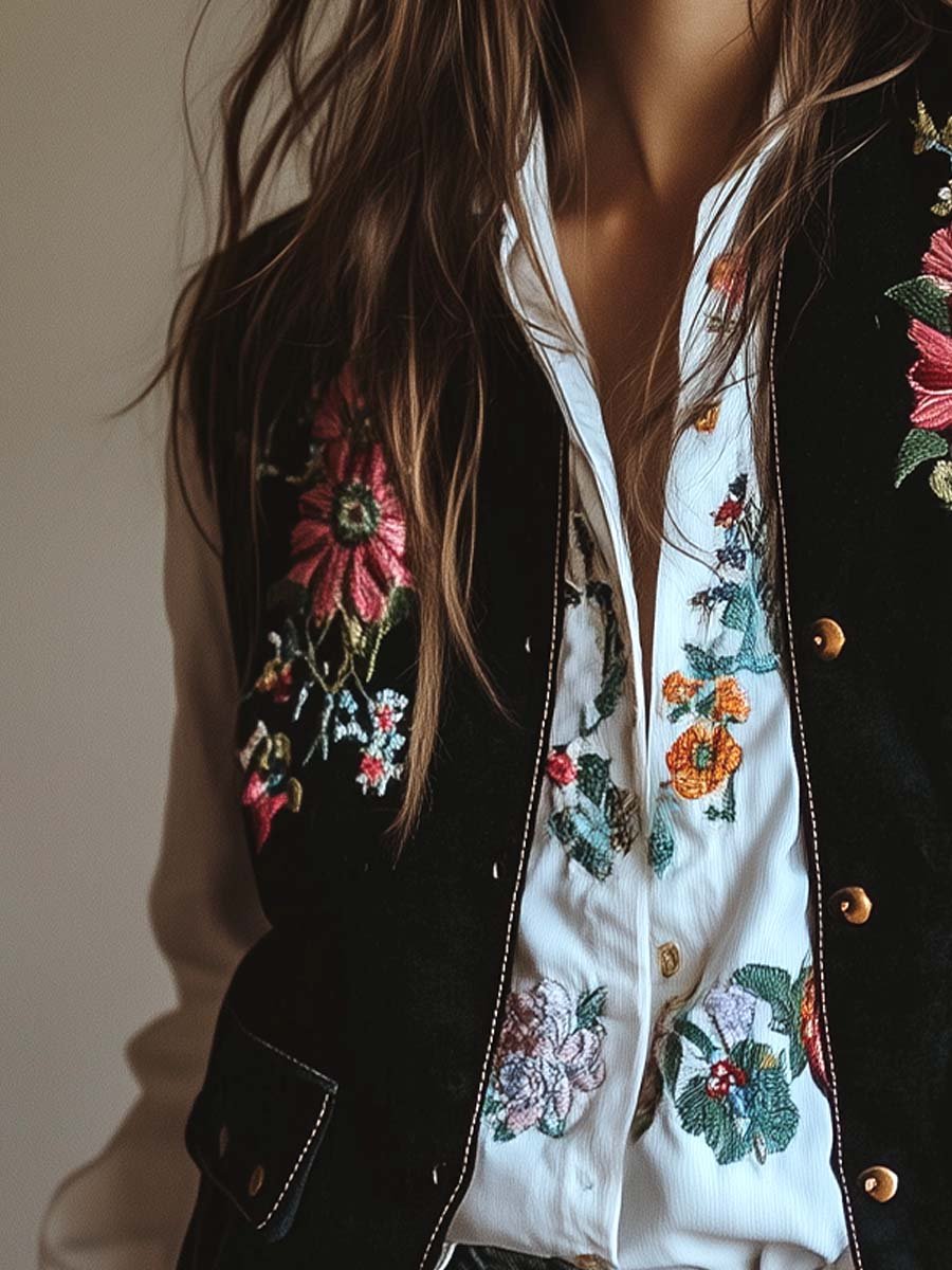 (sale)Women's Velvet Colorful Floral Embroidered Vest