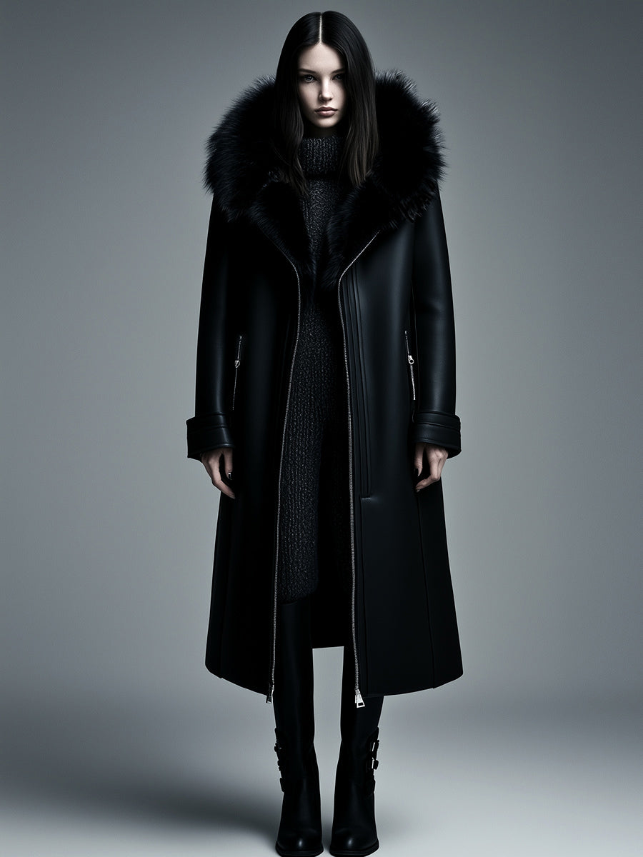 Women Fur Trim Warm Lined Hooded Eco Leather Trench Coat