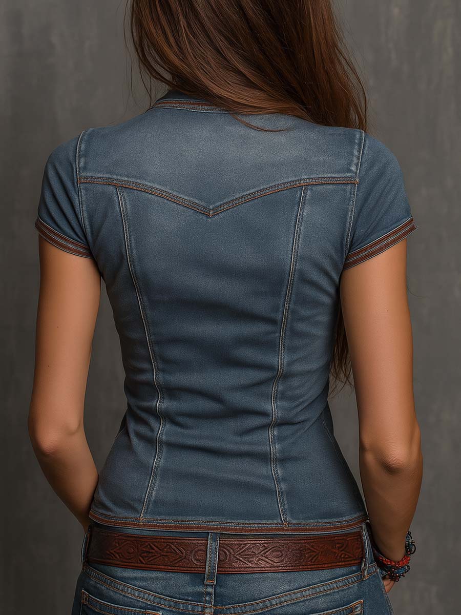 Front Zipper With Vintage Stitching Skinny Denim Top