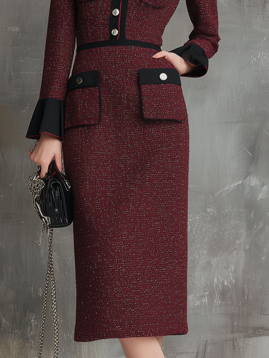 Retro Contrasting Flare Cuffs Tweed Midi Dress