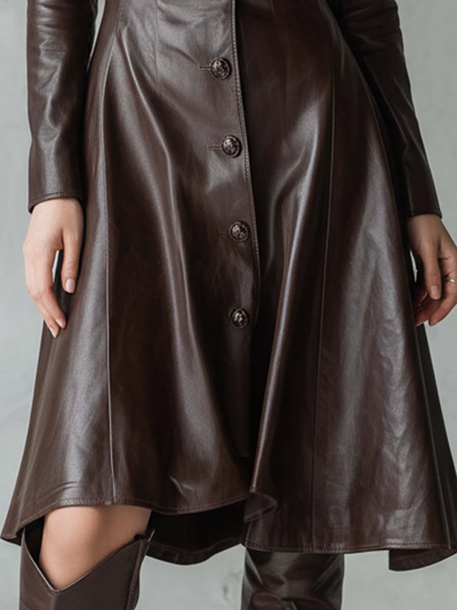 Vintage Brown Leather A-Line Midi Dress