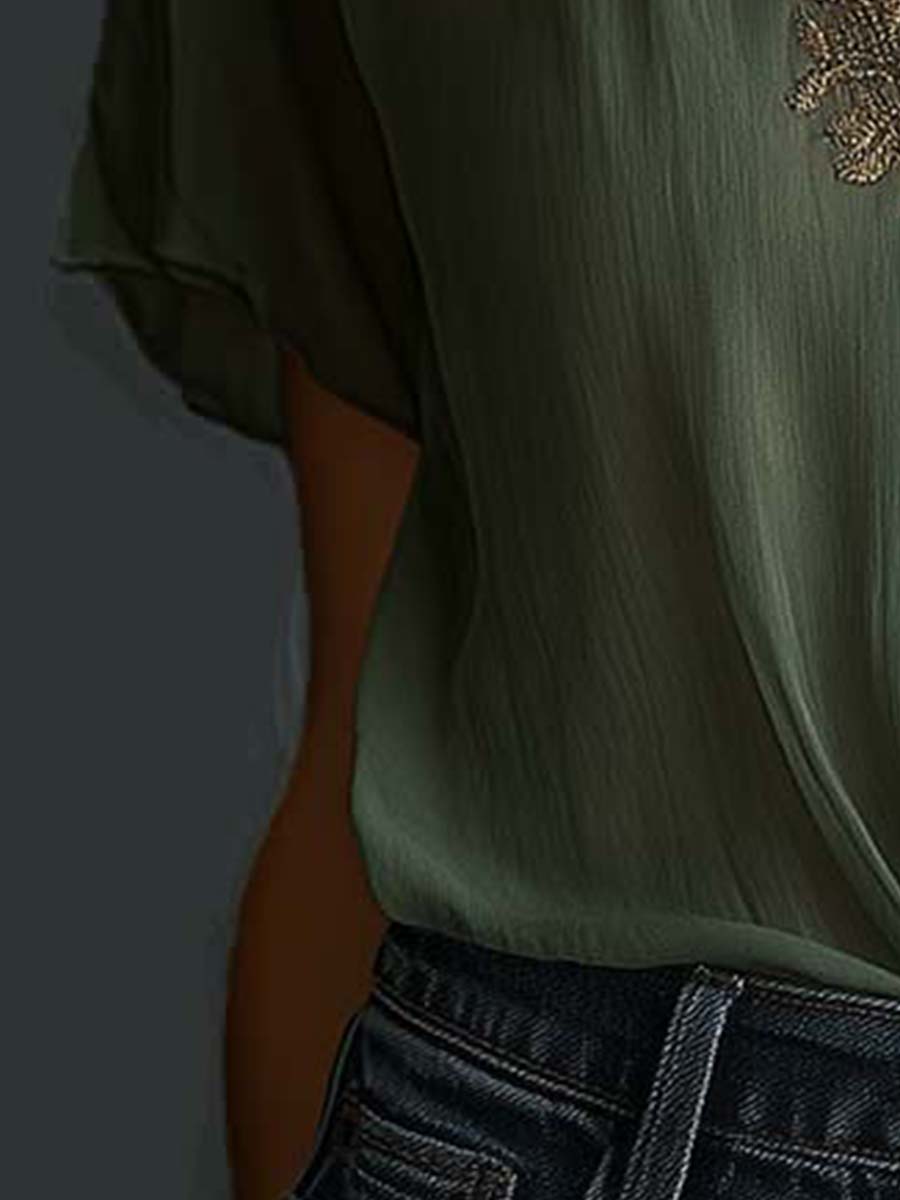 Vintage Embroidered Chiffon Short Sleeve Shirt