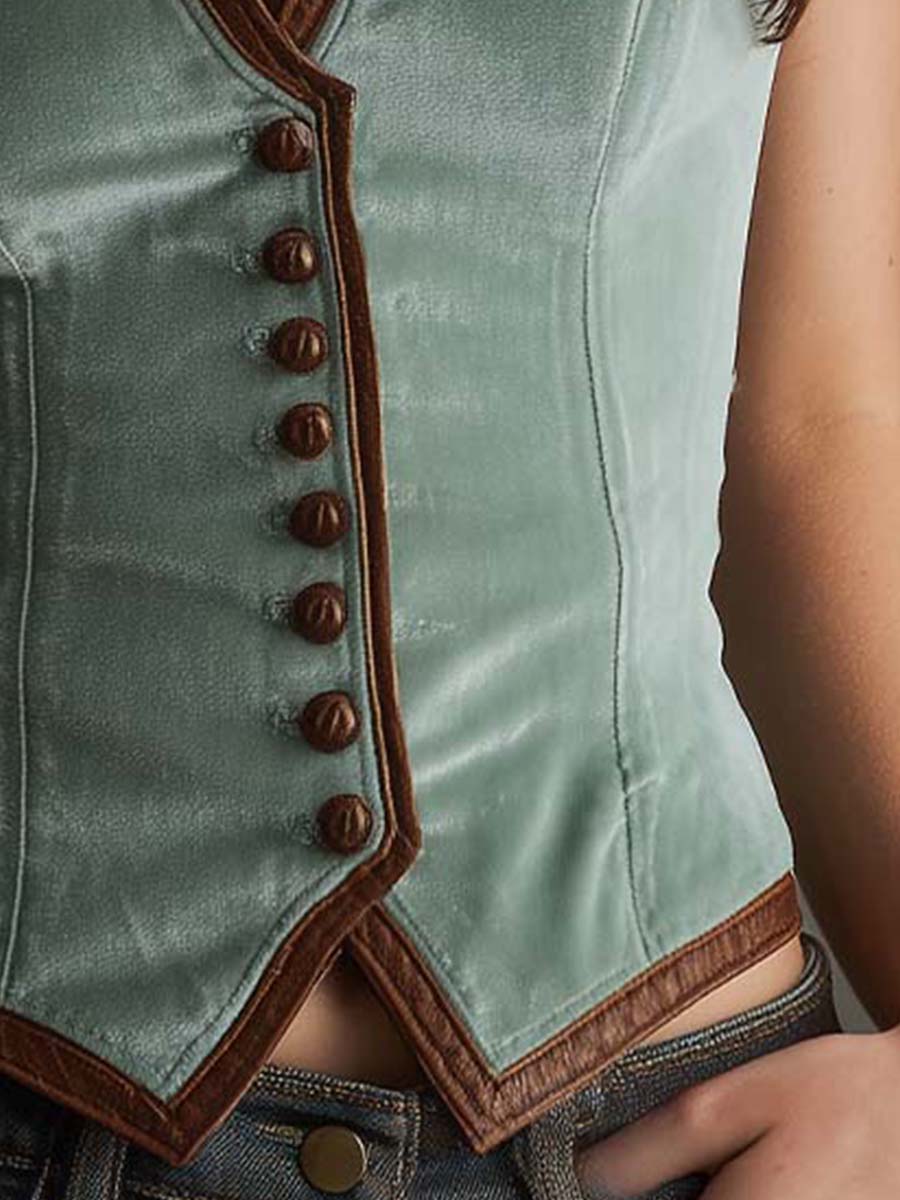 Sage Polyester velvet And Contrast Leather Trim Slim Fit Vest