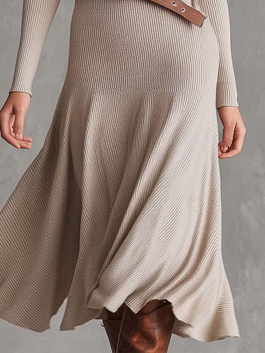 Beige Turtleneck Knit Midi Dress With Belt