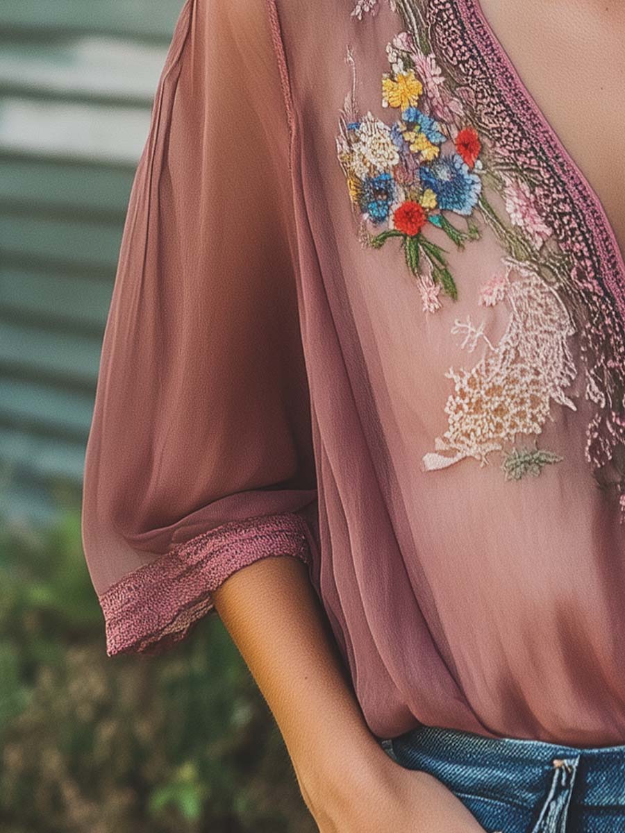 (sale)Elegant Gray Purple Floral Embroidery Half Sleeve Chiffon Shirt